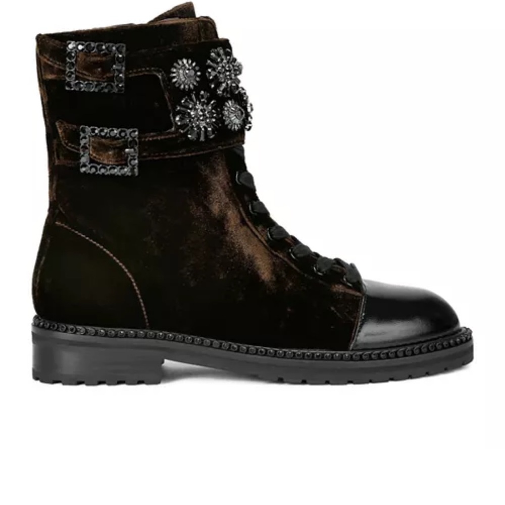 Kurt Geiger London Embellished Combat Boots Velvet Leather Buckle - Picture 6 of 8
